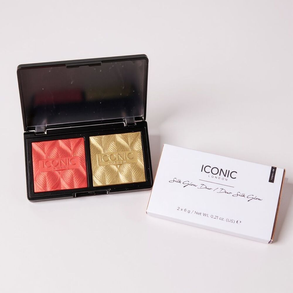 Iconic London Silk Glow Duo Blush & Highlighter Palette Coral Glow 12g NIB